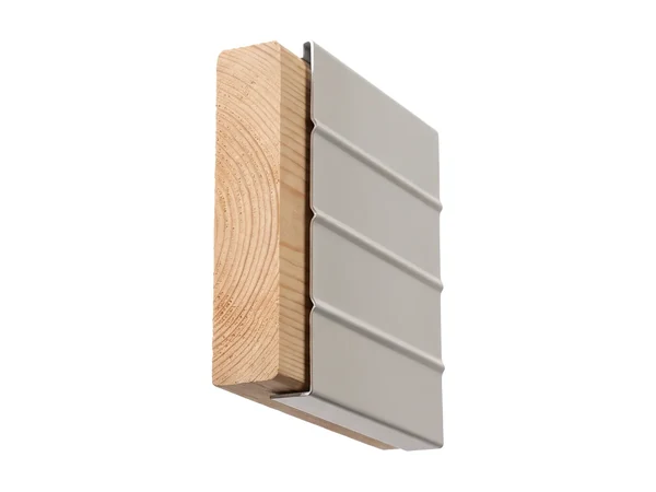A short length of wood fascia board wrapped in an aluminum cover, bent over its face and under its bottom edge, the bare wood showing at the end