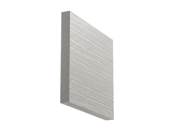 A composite trim board with a fine woodgrain on its face and a solid core at its cut end