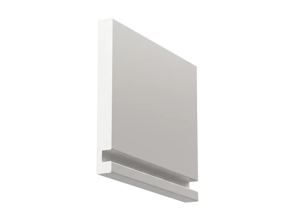 A PVC fascia board seen from the back, with a groove along it near the bottom edge and a lip below the groove