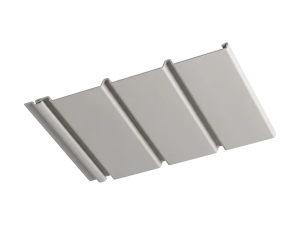 A vinyl soffit panel seen from below, three flat planks with a narrow channel between each