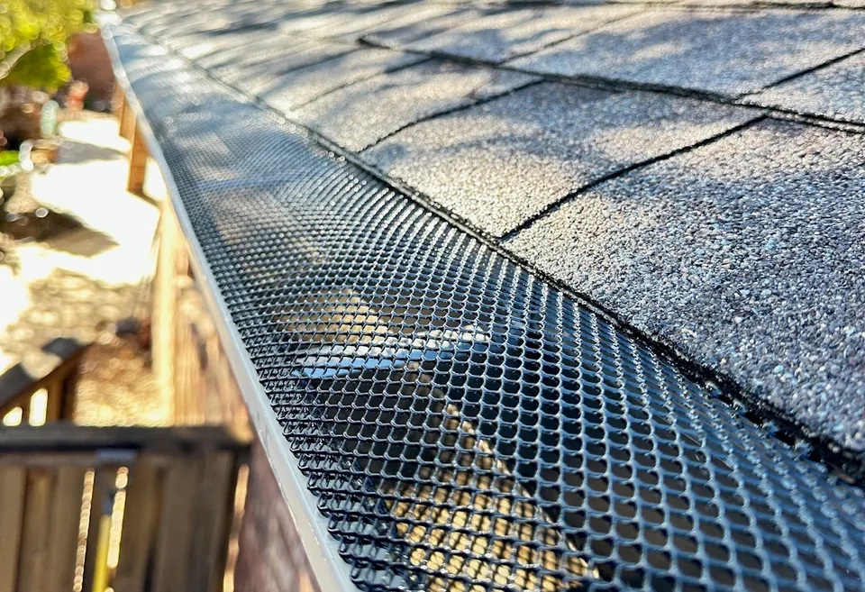 A black mesh guard fitted over a gutter along a roof edge under gray shingles.