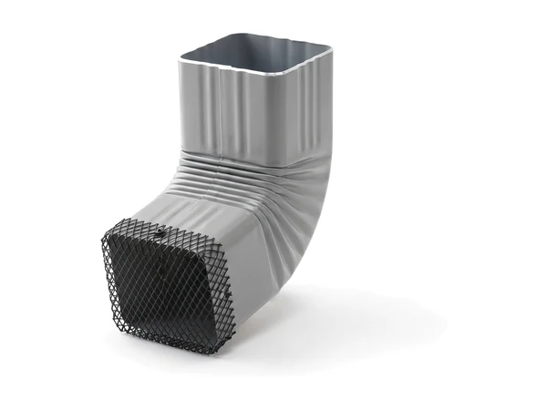 A downspout guard on a grey downspout elbow: a black diamond mesh stretched over the outlet at its foot