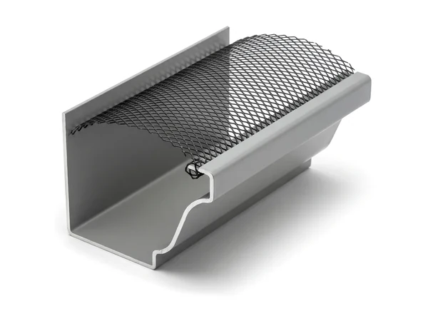 A roll-lock steel gutter guard on a grey K-style gutter: a black screen of diamond-shaped holes arched over it, its front edge rolled over the gutter’s lip