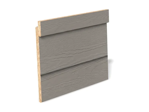 Engineered wood lap siding in mid grey, each board lapped over the one below, its cut end showing the pressed wood core