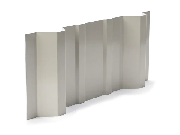 A ribbed metal siding panel in light grey, its tall ribs running top to bottom