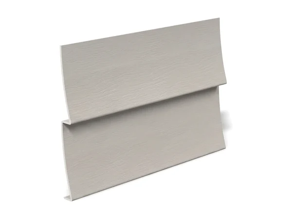 A double 4 inch vinyl clapboard siding panel in light grey, its two rows each stepping out at the lower edge
