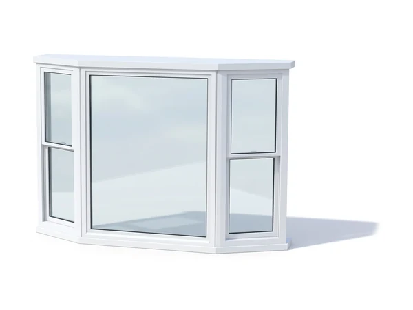A white vinyl bay window: a picture window between two angled double-hung windows