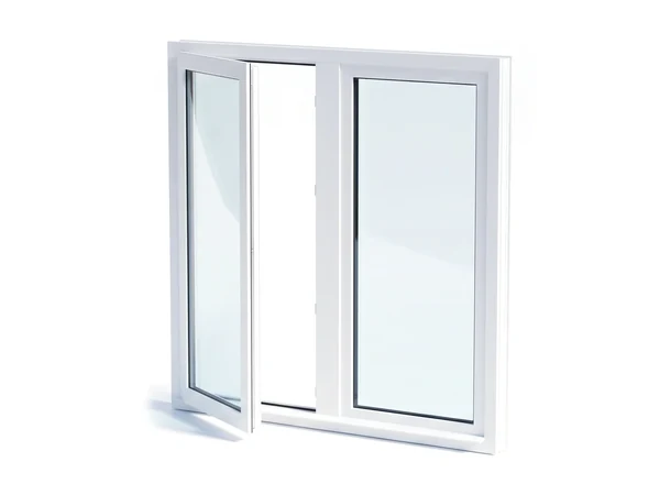 A white vinyl twin casement window, its left sash cranked open