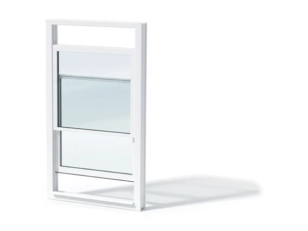 A white vinyl double-hung window, its top sash lowered and its bottom sash raised