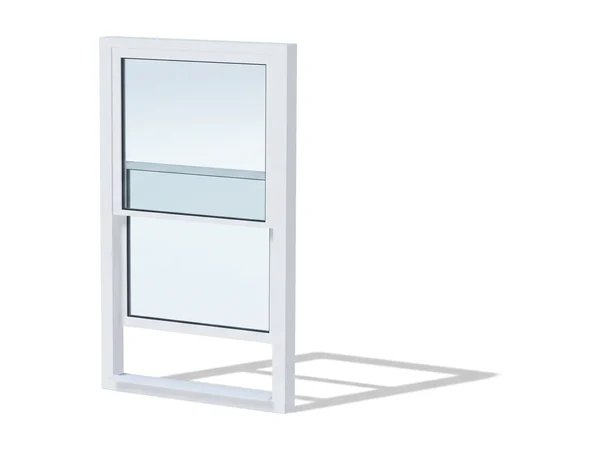 A white vinyl single-hung window, its bottom sash raised